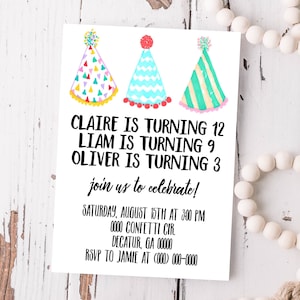 Editable Siblings Birthday Invitation Template: Triple Party Invite