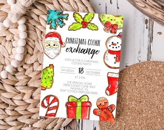 May include: A Christmas Cookie Exchange invitation with watercolor illustrations of festive cookies. The invitation includes the text "Christmas Cookie Exchange" and event details, such as the date, time, and location.