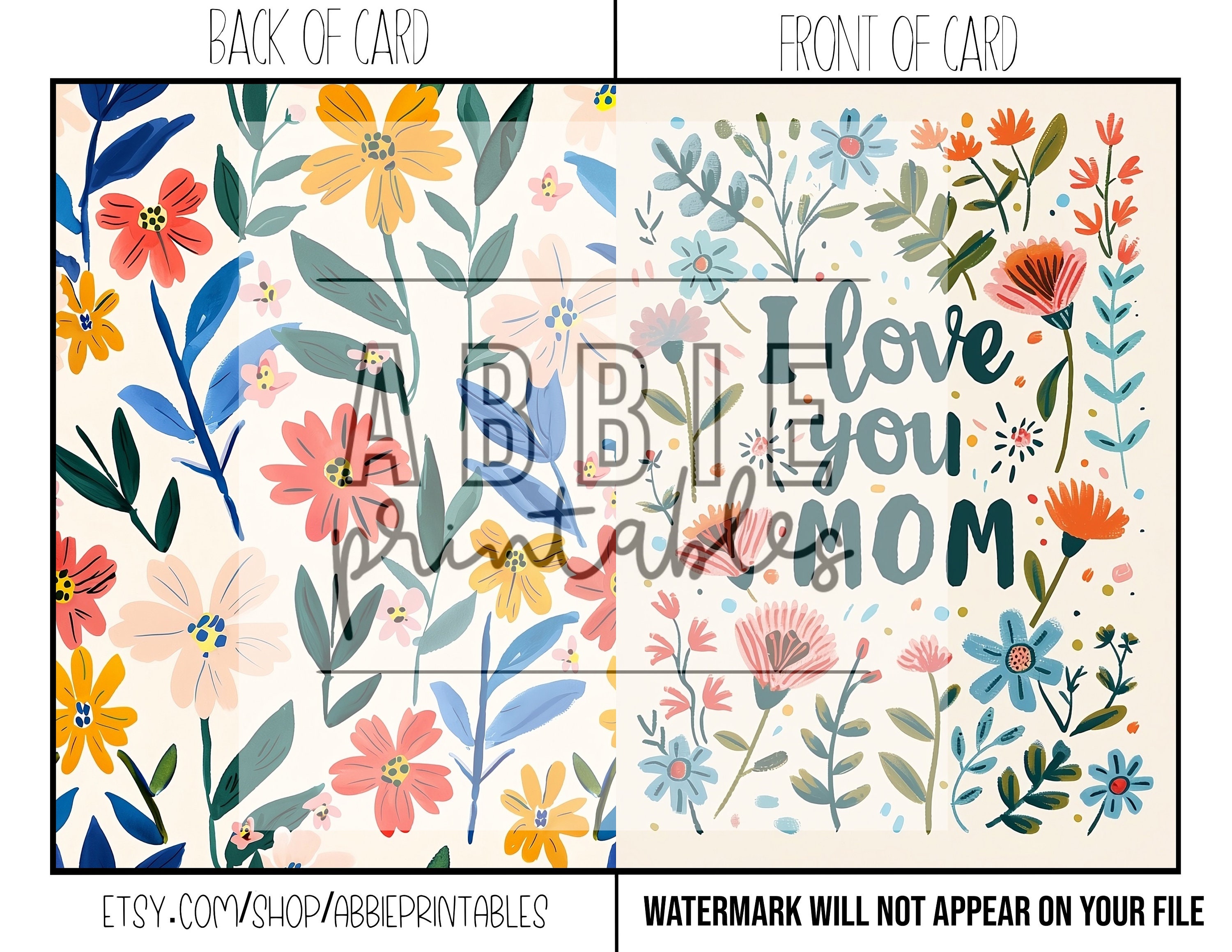 Printable Floral Mother's Day Card Template: I Love You Mom (digital ...