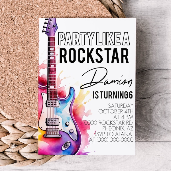 Editable Rockstar Birthday Invitation | guitar, digital download, printable template