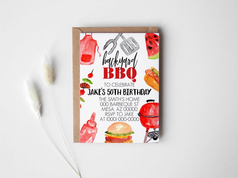 May include: A white invitation with red and black text that says "backyard BBQ" to celebrate Jake's 50th birthday. The invitation features watercolor illustrations of grilling tools, a hot dog, a hamburger, a watermelon, and a ketchup bottle.