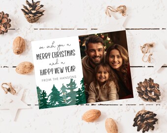 Bearbeitbare frohe Weihnachten und ein glückliches neues Jahr-Foto-Weihnachtskarten-Schablone