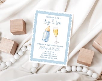 Editable Blue Sip and See Baby Shower Invitation Template