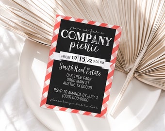 May include: A red and white gingham patterned invitation for a company picnic. The invitation is on black cardstock and includes the text "join us for a COMPANY picnic", "FRIDAY 07 15 22 3:00 PM", "Smith Real Estate", "OAK TREE PARK", "0000 MAIN ST.", "AUSTIN, TX 00000", "RSVP TO AMANDA BY JULY 1", "(000) 000-0000", and "please bring a dish to share".