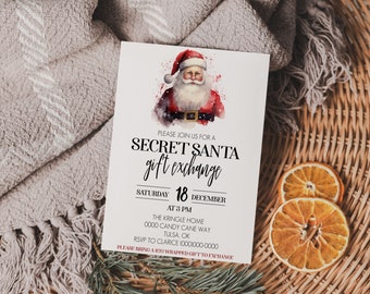 May include: A white invitation card for a Secret Santa gift exchange, featuring a watercolor illustration of Santa Claus. The card includes event details: date, time, and location. The card is on a woven surface with dried orange slices.