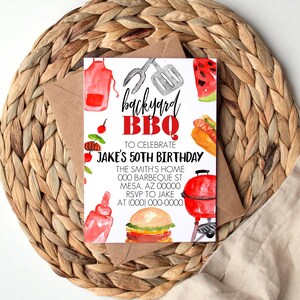May include: A white invitation card with red, black, and gray watercolor illustrations of barbecue food and grilling tools. The text on the card reads "backyard BBQ" and "Jake's 50th Birthday".