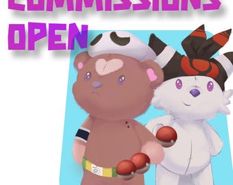 Op de afbeelding: Een digitale illustratie van twee knuffels. De eerste knuffel is een bruine beer met een zwart-witte hoed, een gele riem en rode pokeballs. De tweede knuffel is een witte beer met een zwart-rode bandana en een rode pokeball. De tekst "COMMISSIONS OPEN" staat bovenaan de afbeelding.