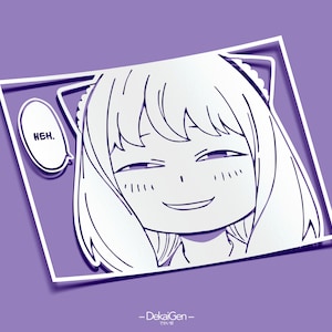 May include: A white and black line drawing of a cartoon character with a mischievous smile. The character is wearing a maid outfit and has a speech bubble that says "heh."