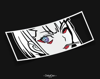 May include: Black and white illustration of a woman's face with red and blue eyes. The woman is smoking a cigarette and has a red lipstick. The illustration is in a pop art style.