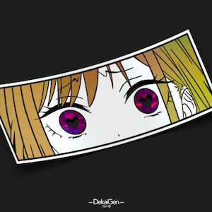 May include: Close-up of a cartoon anime character's eyes with pink and purple iridescent pupils. The character has blonde hair and is looking directly at the viewer.
