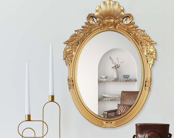 QUEENSHIP/Decorative Gold Antique Oval Wall Mirror/Ornate Gold Frame Mirror for Living Room, Bathroom, Bedroom, Hallway and Entryway