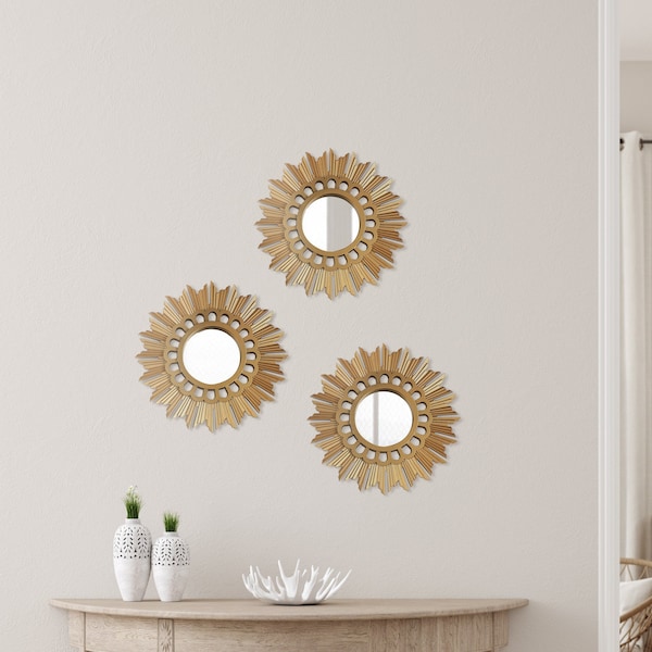 SUNRAY/Set of 3 Gold Round Mirror/Decorative Wall Art/Circle Vintage Sunburst Mirror Wall Decor for Living Room, Bathroom, Hallway, Bedroom