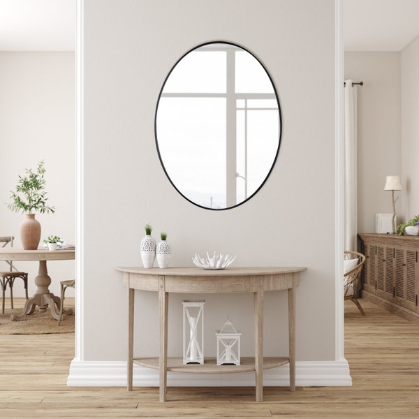 NESTA/Large Oval Wall-Mounted Mirror/Durable Black Circle Frame Mirror for Living Room, Bathroom, Hallway, Kitchen and Entryway