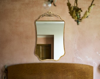 MATILDA | 24x37 Classic French Irregular Mirror with Ornate Crown in Antique Gold Finish Metal Frame, 1" depth
