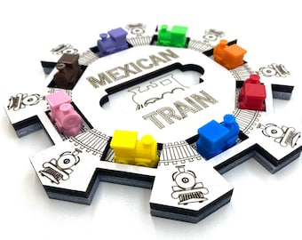 Personalized Mexican Train Domino Hub: Laser Engraved Wood with 3D Trains