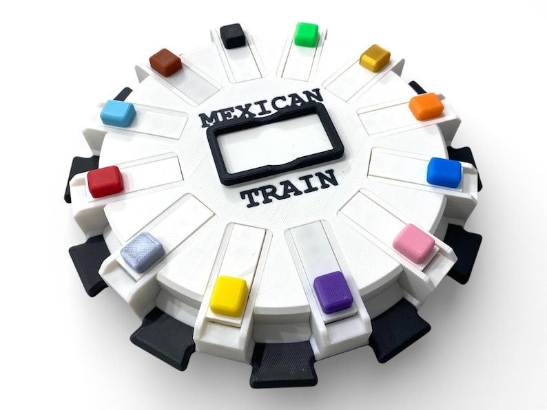 Mexican Train Hub with Flip-up Trains - Unique Design - 8, 10, or 12 Player Train Station 12 Train Hub