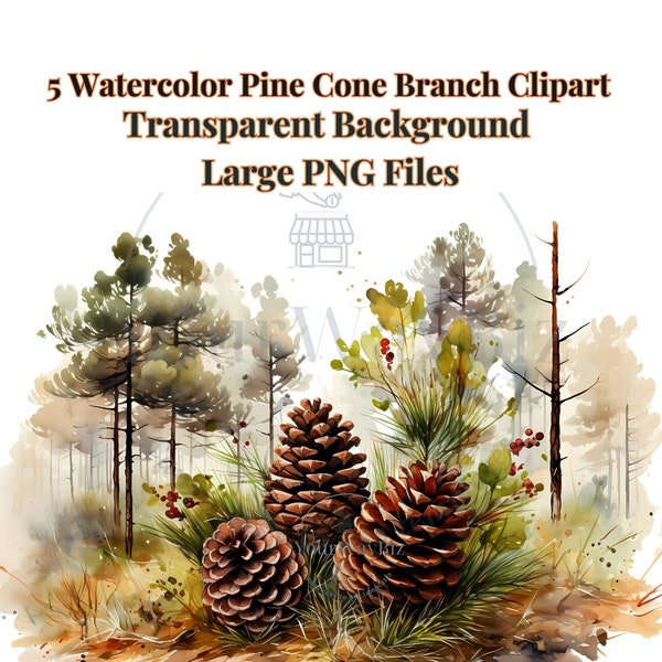 Watercolor Pine Cones Clipart Set of 5, Pine Bough Clipart, Pine Cone Branch Clipart, Botanical Winter Elements, Christmas Woodland Nature