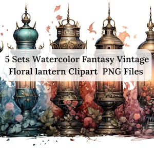 Fantasy Vintage Floral lantern Clipart Bundle, Dark Fantasy Lantern, Crystal Lantern, Antique Lantern Clipart, Fairy tale lantern, witch PNG