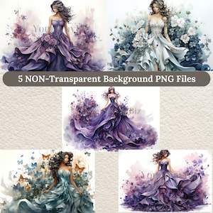 Watercolor Floral Wedding Dress Clipart, Purple Dress PNG, Green Dress, Princess Dress Clipart, Wedding Clipart, Bridesmaids Dress Clipart