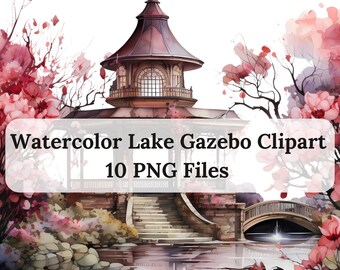 Cenador de lago en acuarela, clipart, boda floral PNG (archivo digital)