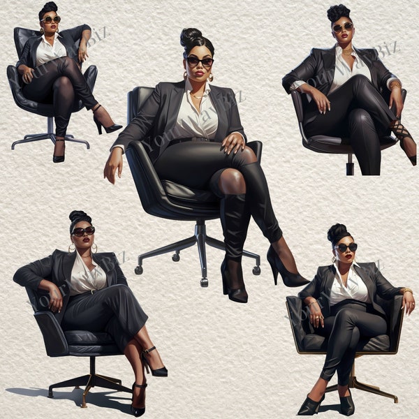 Black Women Lady Boss Clipart, Curvy women Clipart, Plus Size Clipart, Office Chic Clipart, PNG Planner, Black Suit Clipart, Black Clipart