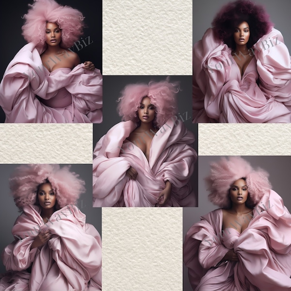 Dreamy Black Lady Clipart, Happy Pink Hair Women clipart, Pink Black Woman Fashion Clipart,  Women of Color, Black Pink & Brown Hair Bride