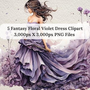 Watercolor Fantasy Floral Violet Dress Clipart, Purple Dress Clipart, Princess Dress Clipart, Wedding Clipart, Bridesmaids Dress Clipart