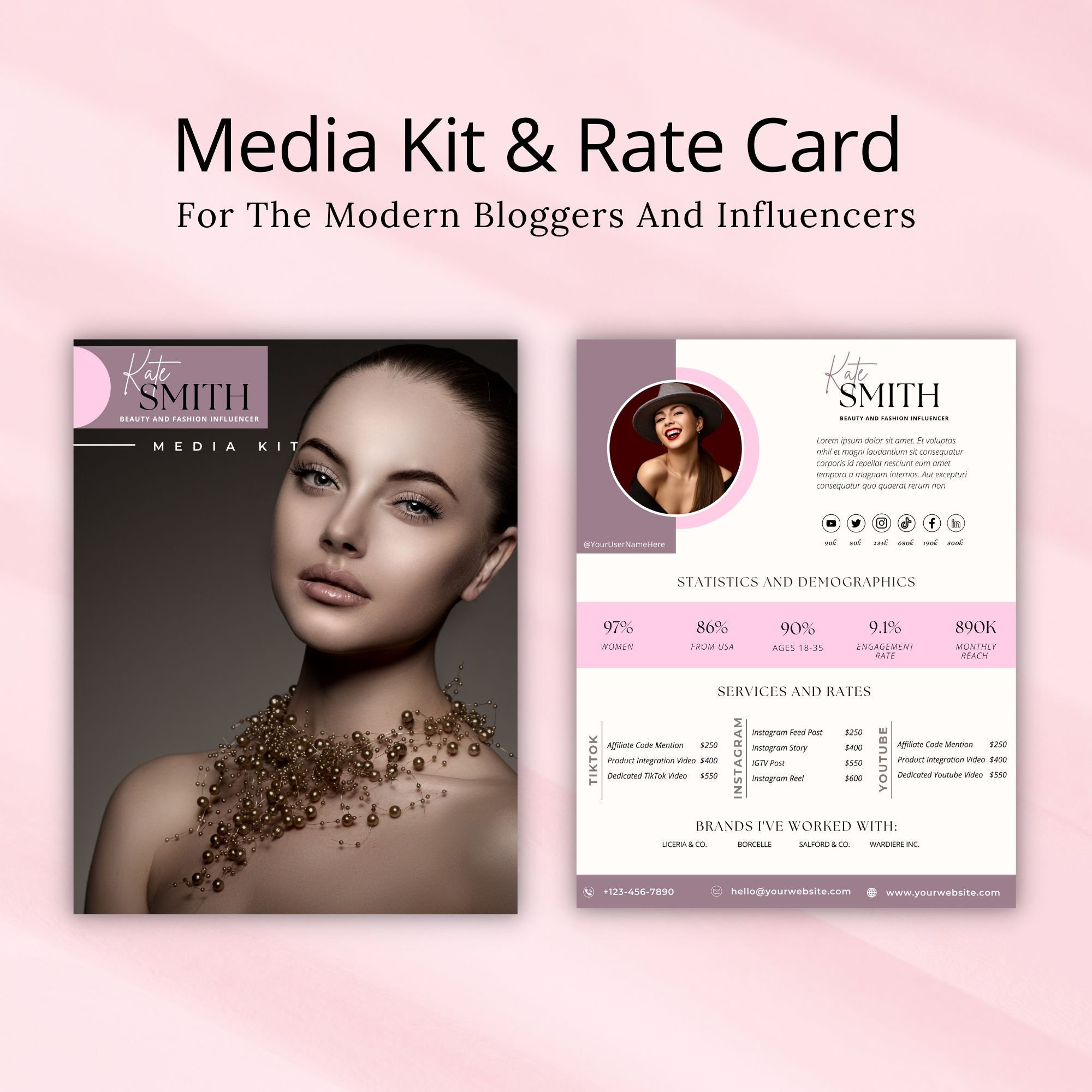 2 Page Media Kit & Rate Card Template, Instagram Influencer, Blogger ...