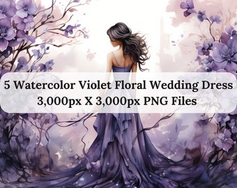 Watercolor Violet Floral Wedding Dress Clipart, Purple Dress Clipart, Princess Dress Clipart, Wedding Clipart, Bridesmaids Dress Clipart