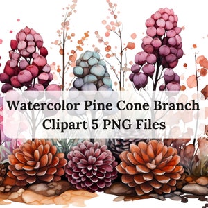 Pastel color Pine Cone Clipart, Watercolor Pine Cone Designs, Pine Bough Clipart, Pine Cone Branches, Botanical Winter Elements, PNG file