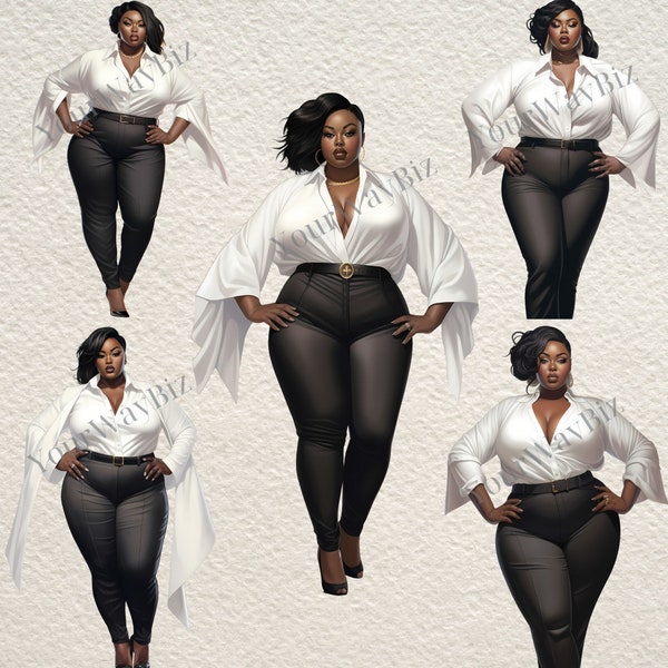 Black Women Lady Boss Clipart, Curvy women Clipart, Plus Size Clipart, Office Chic Clipart, PNG Planner, Black Suit Clipart, Black Clipart