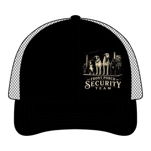 May include: A black trucker hat with a mesh back and a solid front panel. The front features a graphic illustration of four dogs sitting on a porch with the text "FRONT PORCH SECURITY TEAM" printed in a cream-colored serif font below the dogs.