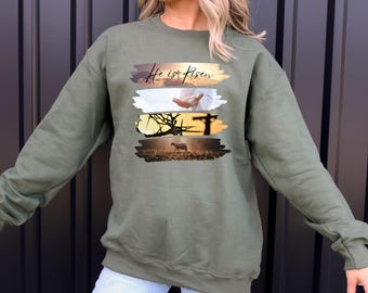 Ha resucitado PNG Sudadera Sublimación Pincelada Camiseta de Pascua Camiseta Cristiana de Pascua Jesús Versículo Bíblico de Pascua Mateo 28:6 Felices Pascuas