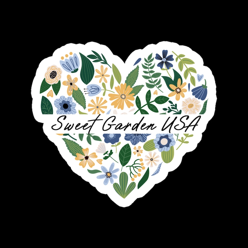 May include: A heart-shaped sticker with a floral design in shades of blue, yellow, and green. The text "Sweet Garden USA" is printed across the center of the sticker.