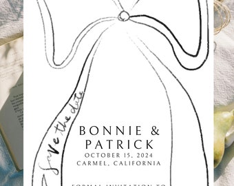 May include: Save the date card with a black and white illustration of a bow. The text reads "Save the date" and "Bonnie & Patrick" with the date "October 15, 2024" and location "Carmel, California".