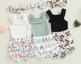 Newborn Baby Girl Clothes Sets | Baby Sleeveless Romper Floral Rainbow Butterfly Shorts | Summer Frilly Ribbed Bodysuits | Baby Girl Gift