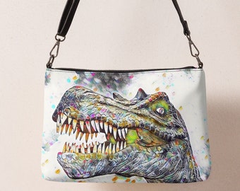 Dinosaur Head Crossbody Shoulder Bag - Women and Men - Watercolor Art Design - Wrist Bags - Clutch Purse - Adjustable and Removable Strap