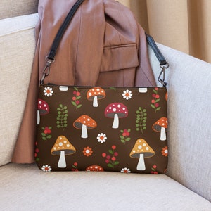 Mushrooms Crossbody Shoulder Bag - Cottagecore - Mushroom and Floral Pattern - Wrist Bags - Clutch Purse - Adjustable and Removable Strap