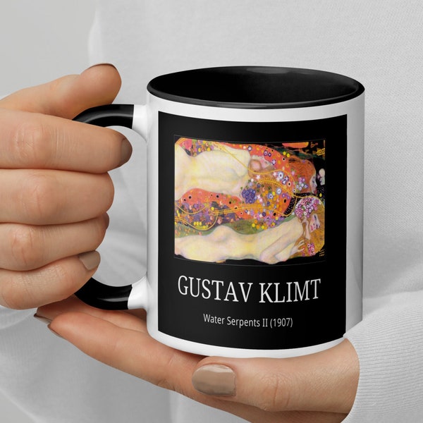 Mugs à café en céramique aux couleurs contrastées - Tasses d'art célèbres - Tableau de Gustav Klimt - Nom de l'artiste avec anecdotes - 11 oz et 15 oz - Boissons chaudes ou froides