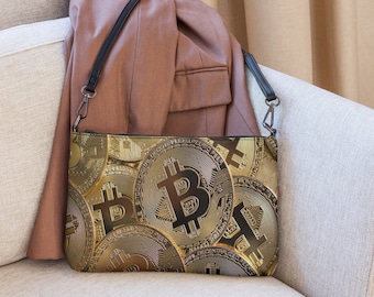 Bitcoin Crossbody Shoulder Bag - Women and Men - Cryptocurrency Coins Design - Wrist Bags - Clutch Purse - Adjustable and Removable Strap