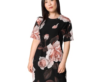 T-Shirt Dresses for Women, Pretty In Pink Flowers Design, All Over Print, Comfy, Polyester, Casual, Daytime Dress, Night Shirt, 2XS-6XL