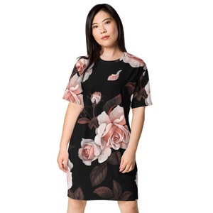 T-Shirt Dresses for Women, Pretty In Pink Flowers Design, All Over Print, Comfy, Polyester, Casual, Daytime Dress, Night Shirt, 2XS-6XL