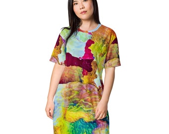 T-Shirt Kleid für Frauen, Buntes abstraktes Kunstdesign, All Over Print, Polyester, Tageskleid, Nachthemd, 2XS-6XL