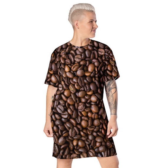 T-Shirt Dress for Women, Coffee Beans Design, All Over Print, Comfy, POLYESTER, Daytime Dress, Night Shirt, 2XS-6XL