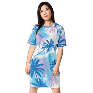 T-Shirt Dress For Women, Tie-Dye Palm Trees Design, All Over Print, Comfy, Polyester, Daytime Dress, Night Shirt, 2XS-6XL