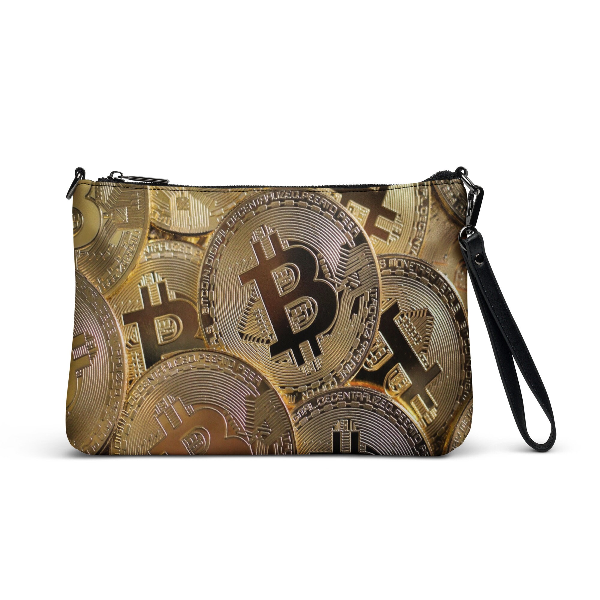Bitcoin Crossbody Shoulder Bag - Women and Men - Cryptocurrency Coins Design - Wrist Bags - Clutch Purse - Adjustable and Removable Strap