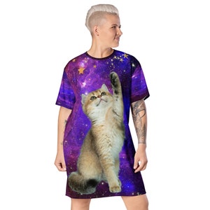 T-Shirt Dress For Women, Galaxy Cat Design, All Over Print, Comfy, Polyester, Daytime Dress, Night Shirt, 2XS-6XL