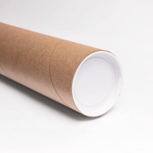 May include: A brown cardboard tube with a white plastic end cap. The tube is used for shipping posters or prints.