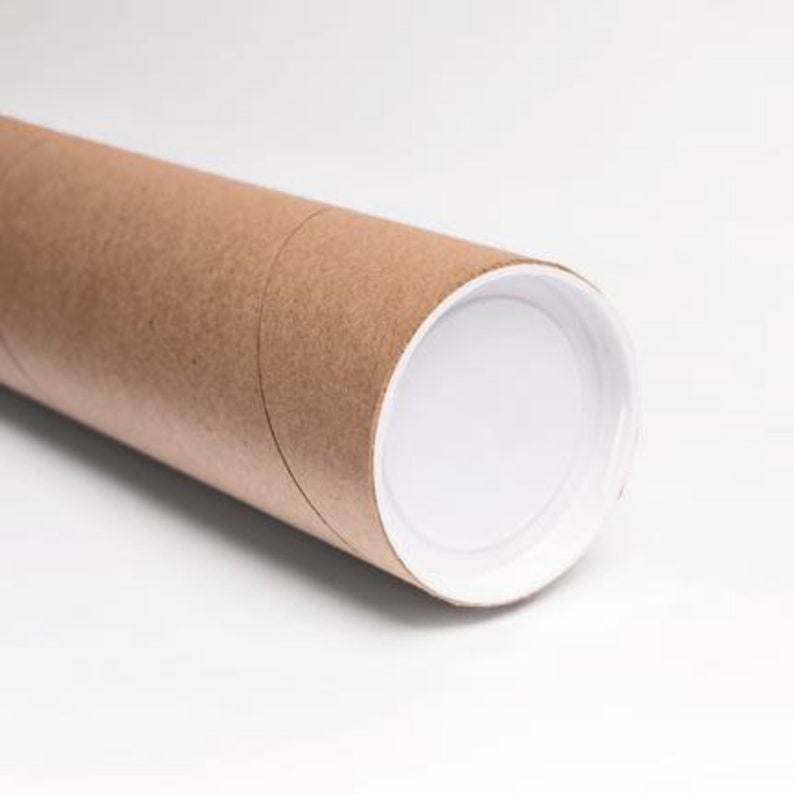 May include: A brown cardboard tube with a white plastic end cap. The tube is used for shipping posters or prints.