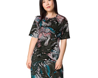 T-Shirt Kleid für Frauen, schwarz und blau abstrakte Kunst Design, All Over Print, Polyester, Tageskleid, Nachthemd, 2XS-6XL